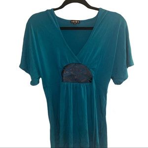 Akiko- Teal Loose V-Neck Leather Blouse